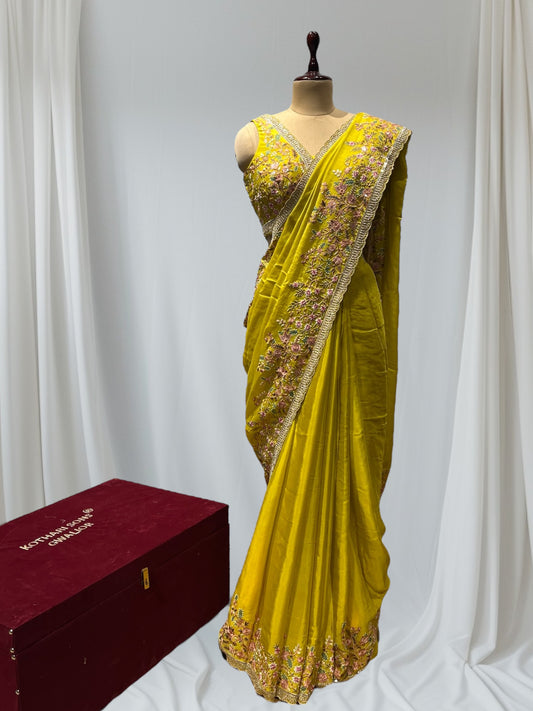 PARROT GREEN COLOUR CHINON READYMADE BLOUSE EMBROIDERMBELLISHED WITH  RESHAM WORK ( INCLUDE UNSTITCHED BLOUSE )ED SAREE E