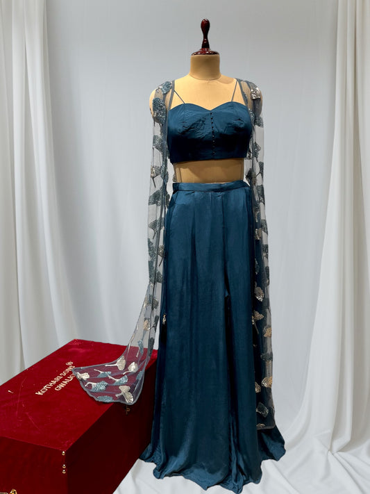 TEAL BLUE COLOUR CHINON TWO IN ONE READYMADE SAREE EMBELLISHED WITH KARDHANA WORK