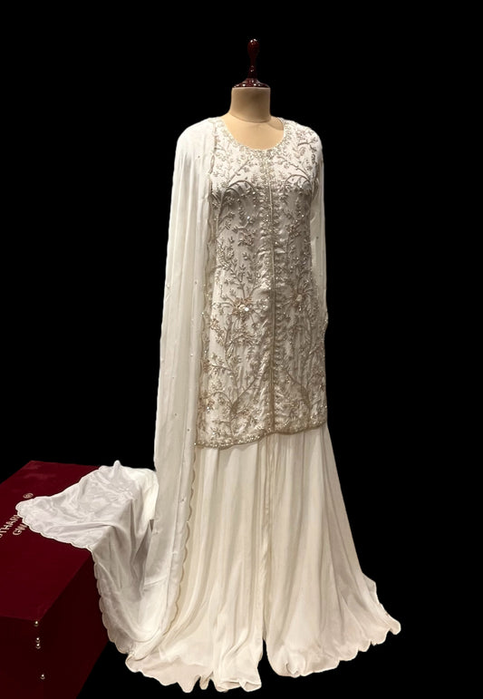 IVORY COLOUR CHINON SHARARA SUIT EMBELLISHED WITH BEADS SEQUINS WORK