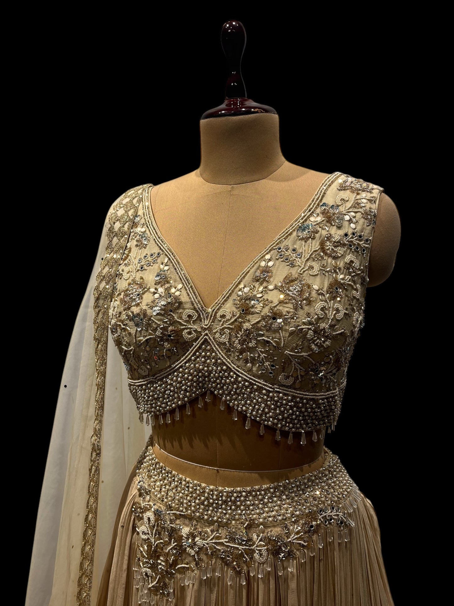 IVORY COLOUR GEORGETTE SKIRT WITH READYMADE CROP-TOP & NET DUPATTA EMBELLISHED WITH KARDHANA BEADS & SEQUINS WORK