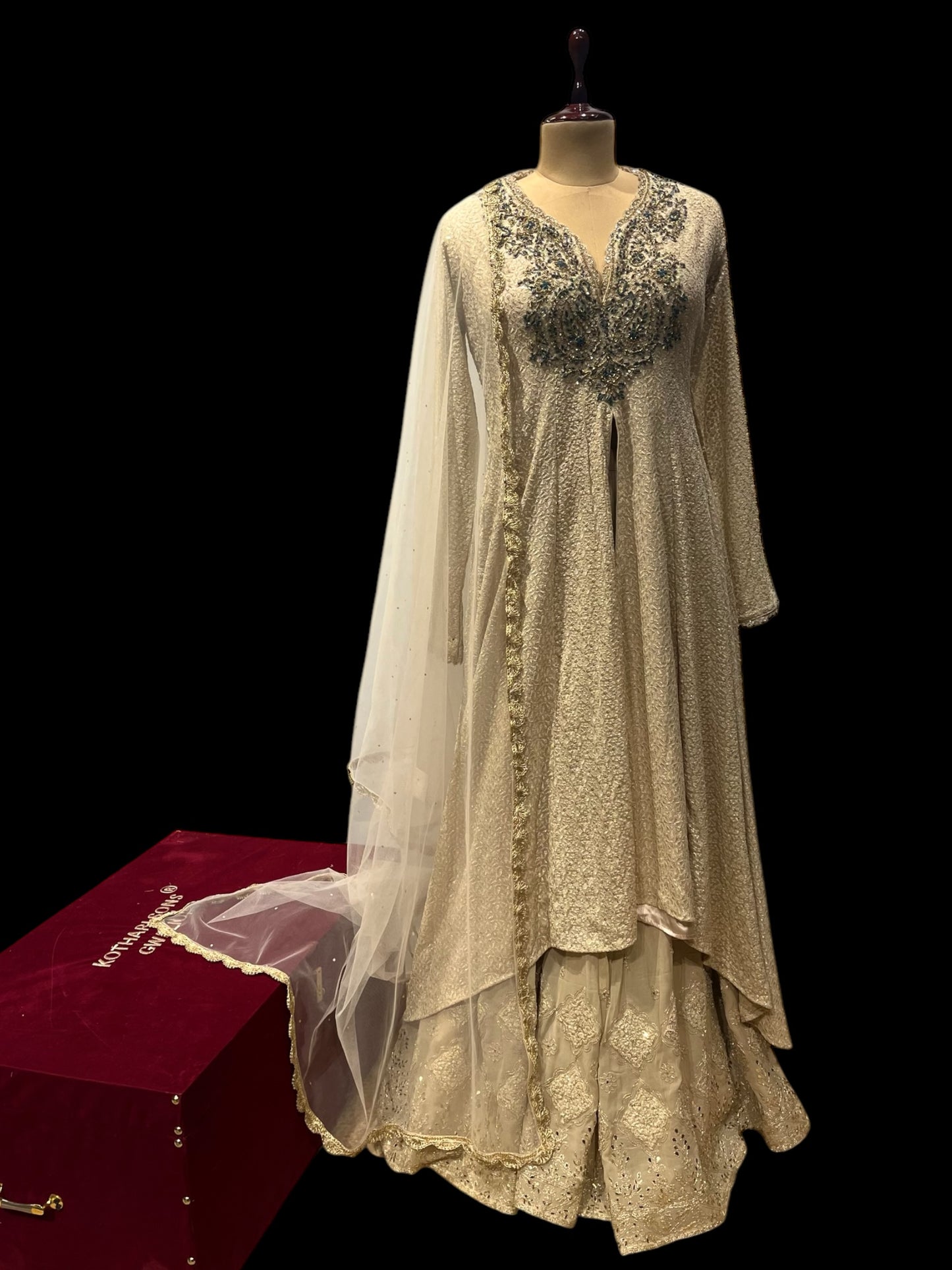 IVORY COLOUR  GEORGETTE SHARARA WITH FRONT CUT KURTA & NET DUPATTA EMBELLISHED WITH RESHAM & SEQUINS WORK