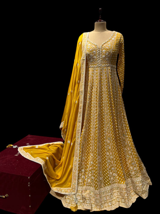 YELLOW COLOUR CHINON ANARKALI SUIT EMBELLISHED WITH RESHAM, SEQUINS & CUTDANA WORK