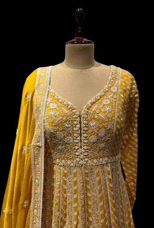 YELLOW COLOUR CHINON ANARKALI SUIT EMBELLISHED WITH RESHAM, SEQUINS & CUTDANA WORK