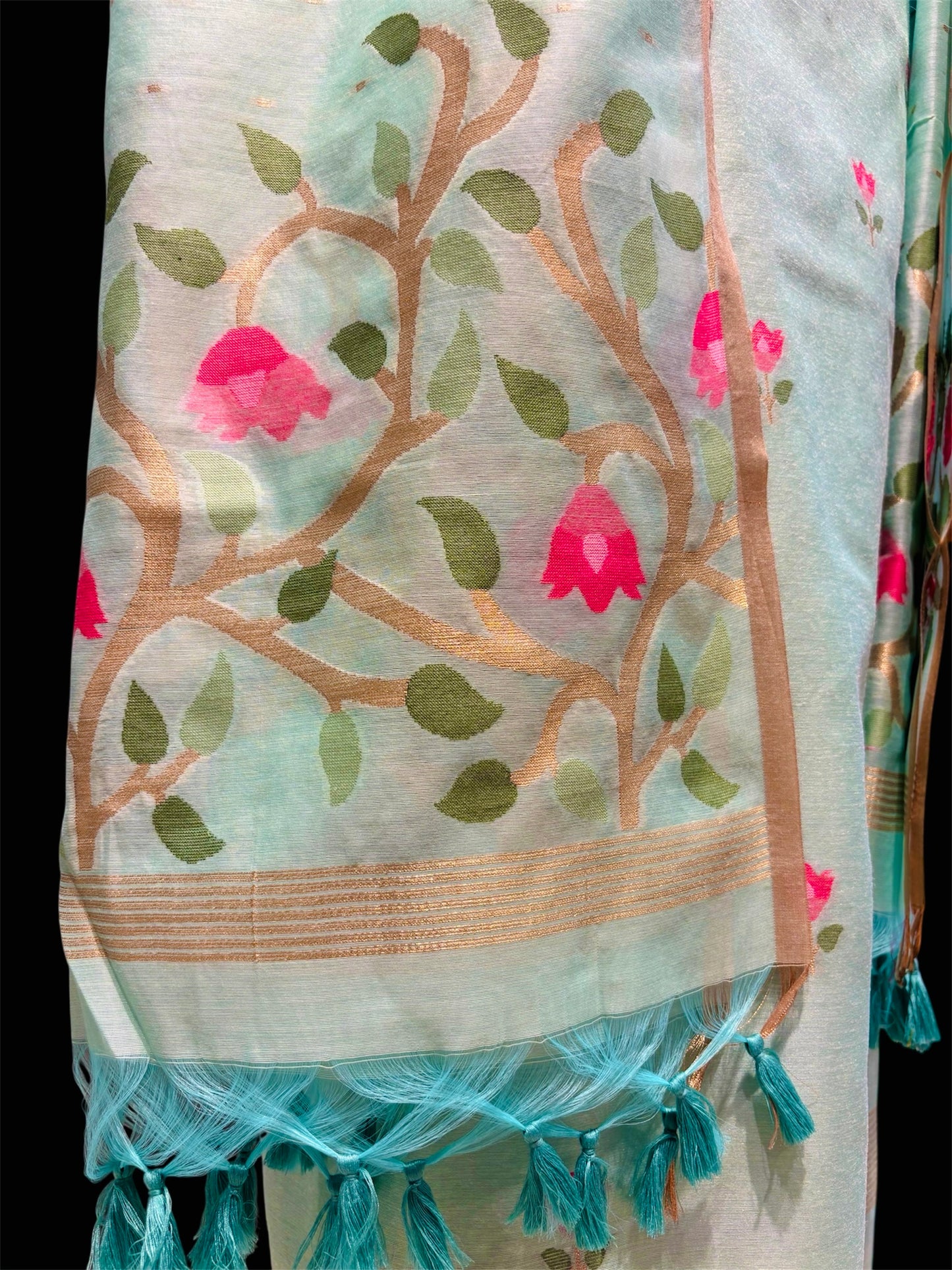 AQUA BLUE COTTON JAMDANI UNSTITCHED SUIT SET WITH DUPATTA (NO BOTTOMS)