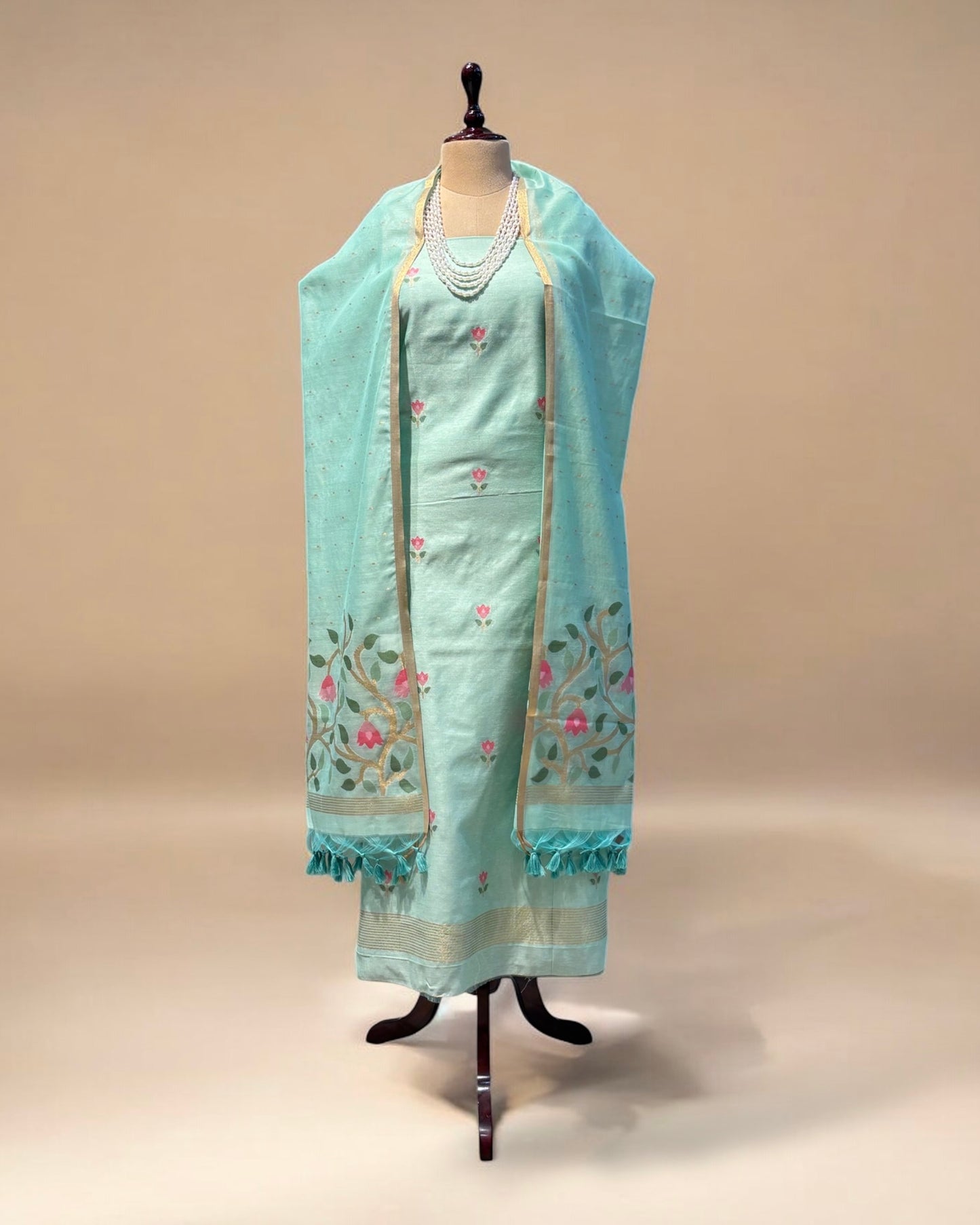 AQUA BLUE COTTON JAMDANI UNSTITCHED SUIT SET WITH DUPATTA (NO BOTTOMS)
