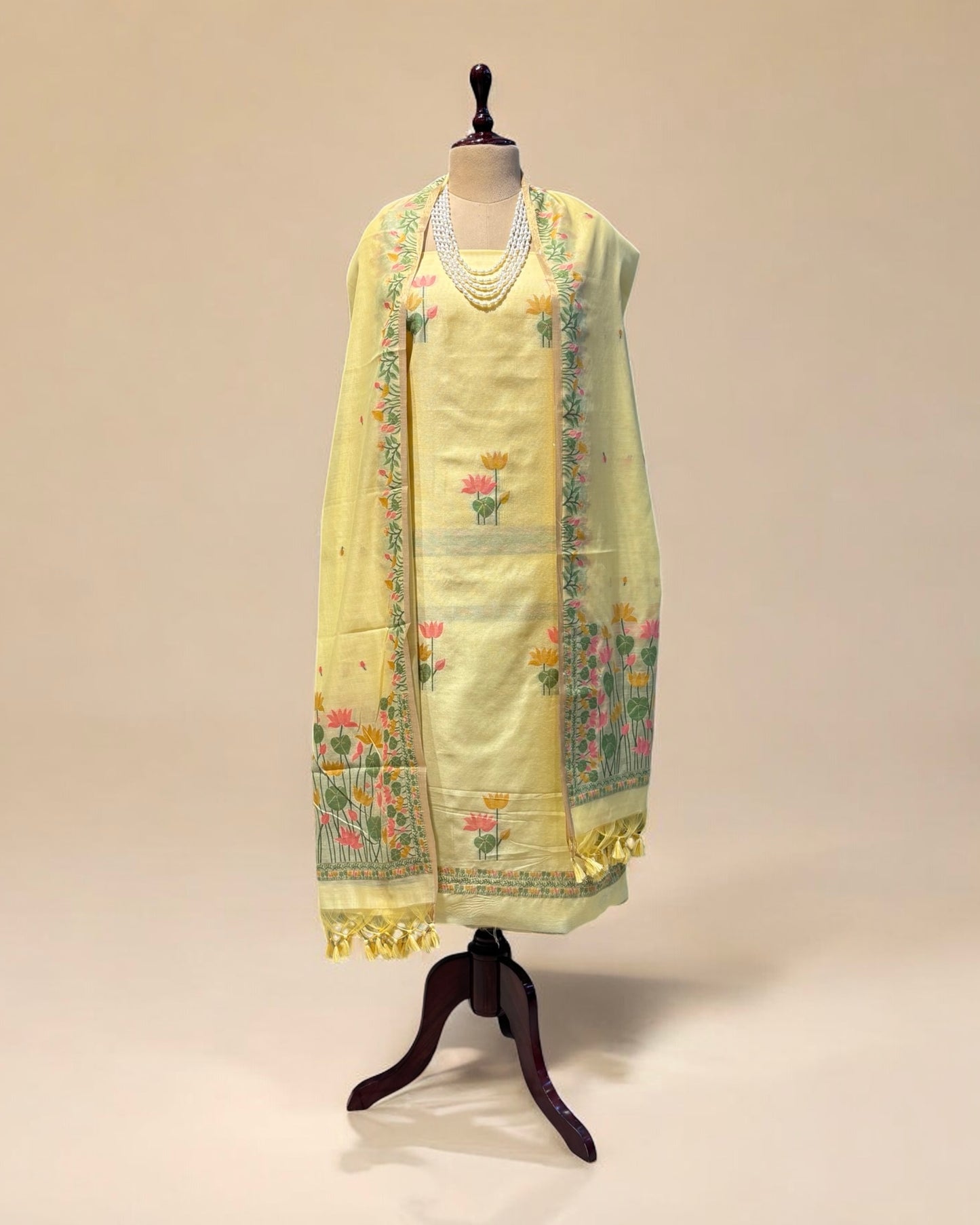 BUTTER YELLOW COTTON JAMDANI UNSTITCHED SUIT SET WITH DUPATTA (NO BOTTOMS)