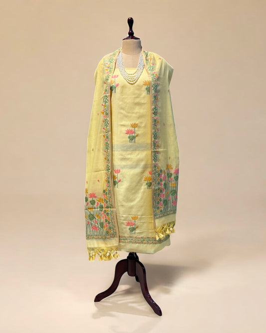 BUTTER YELLOW COTTON JAMDANI UNSTITCHED SUIT SET WITH DUPATTA (NO BOTTOMS)