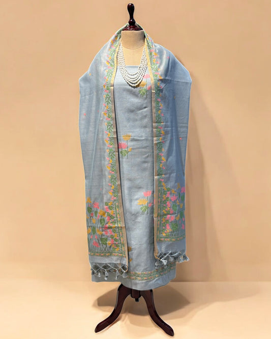 SLATE BLUE COTTON JAMDANI UNSTITCHED SUIT SET WITH DUPATTA (NO BOTTOMS)