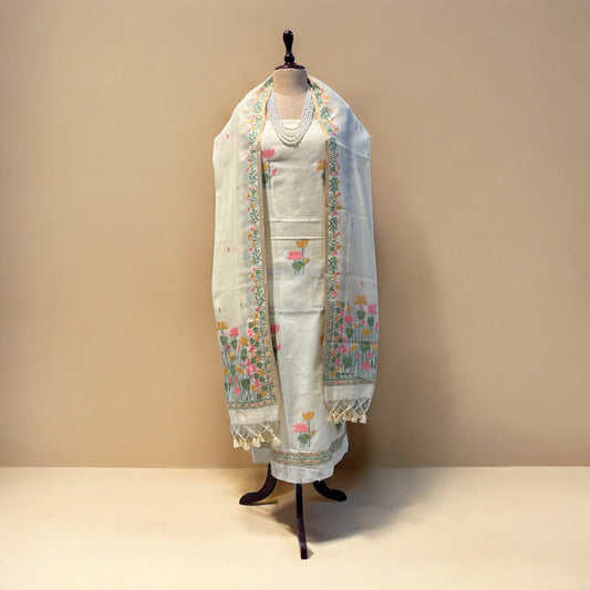 PALE YELLOW COTTON JAMDANI UNSTITCHED SUIT SET WITH DUPATTA (NO BOTTOMS)