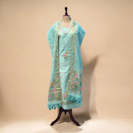 AQUA BLUE COTTON JAMDANI UNSTITCHED SUIT SET WITH DUPATTA (NO BOTTOMS)