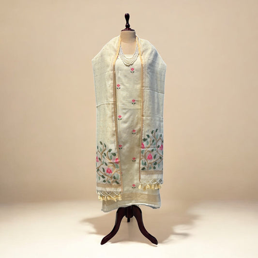 PALE YELLOW COTTON JAMDANI UNSTITCHED SUIT SET WITH DUPATTA (NO BOTTOMS)