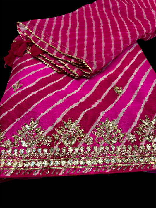 PINK LEHERIYA PURE SILK UNSTITCHED SUIT SET WITH ORGANZA DUPATTA AND CREPE BOTTOM – EMBELLISHED WITH GOTA PATTI WORK