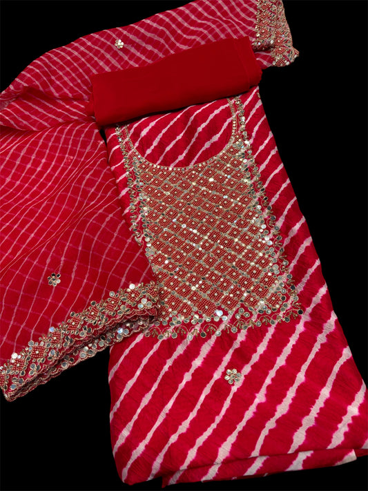 RED LEHERIYA PURE SILK UNSTITCHED SUIT SET WITH ORGANZA DUPATTA AND CREPE BOTTOM