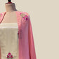 OFF-WHITE GOLD GEORGETTE TISSUE UNSTITCHED SUIT WITH MUGHAL EMBROIDERY & PEACH DUPATTA