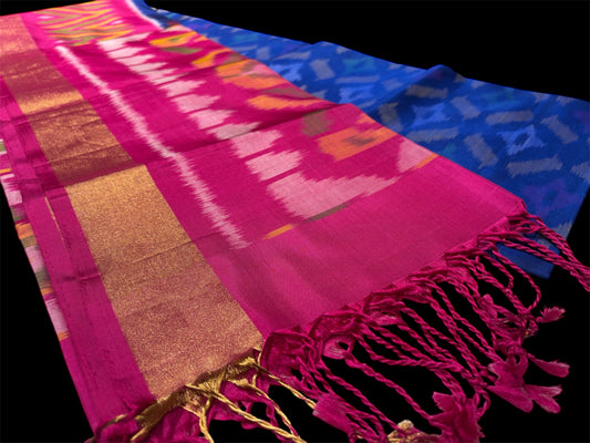 DHARMAVARAM IKAT PURE SILK SAREE IN ROYAL BLUE AND RANI PINK COMBINATION