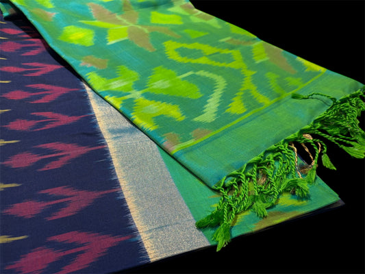 DHARMAVARAM IKAT PURE SILK SAREE IN NAVY BLUE AND SEA GREEN COMBINATION