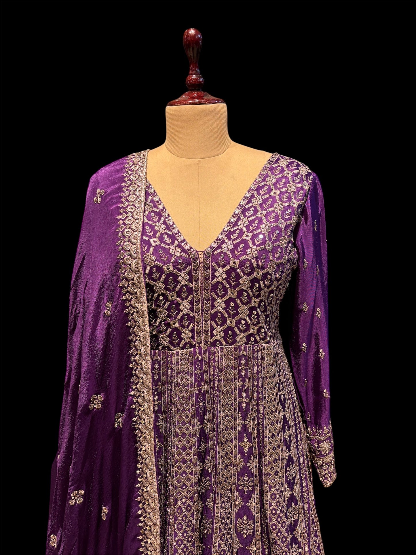 PURPLE CHINON GOWN WITH OXIDISED SILVER ZARI EMBROIDERY AND MATCHING DUPATTA