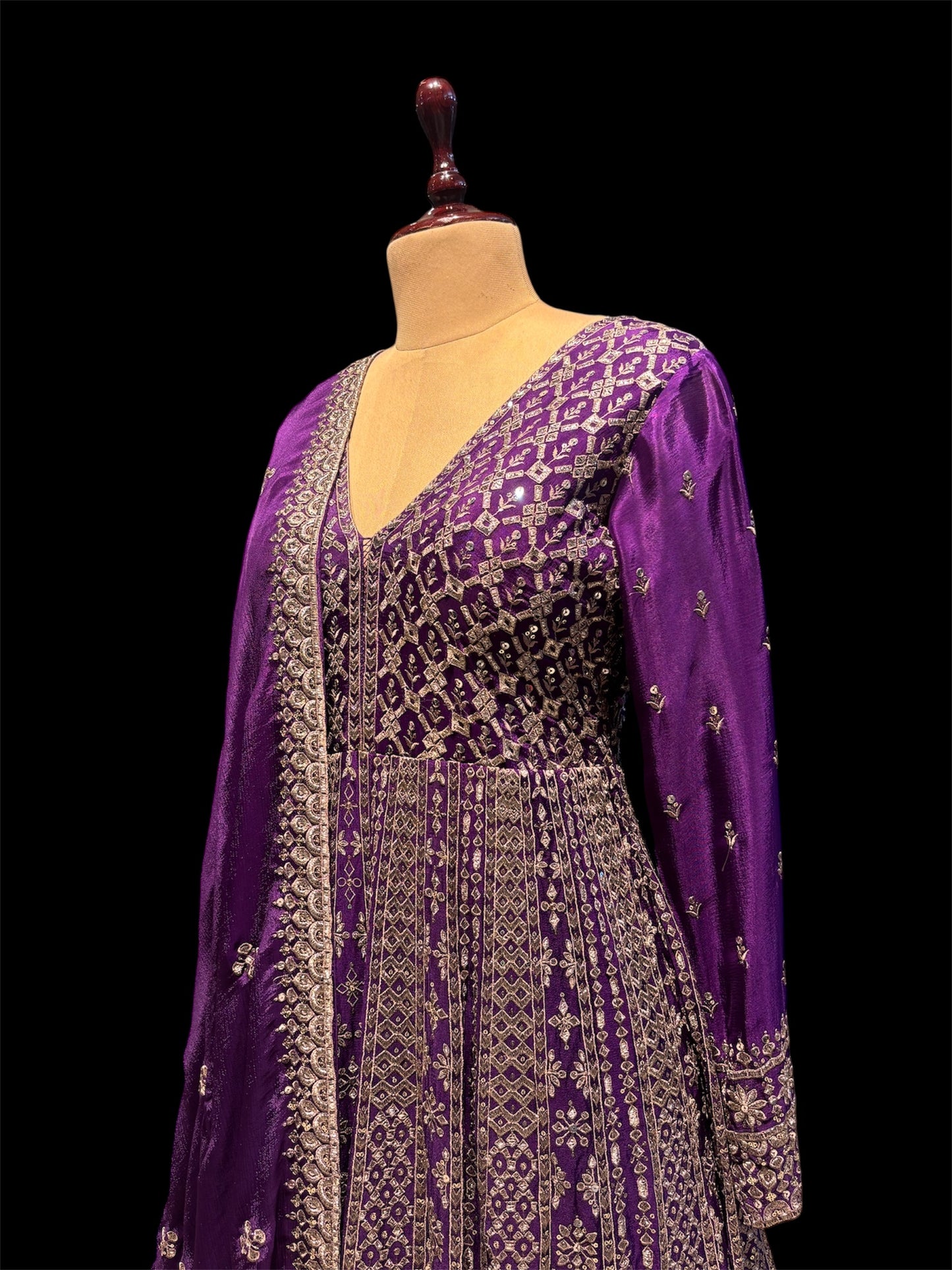 PURPLE CHINON GOWN WITH OXIDISED SILVER ZARI EMBROIDERY AND MATCHING DUPATTA