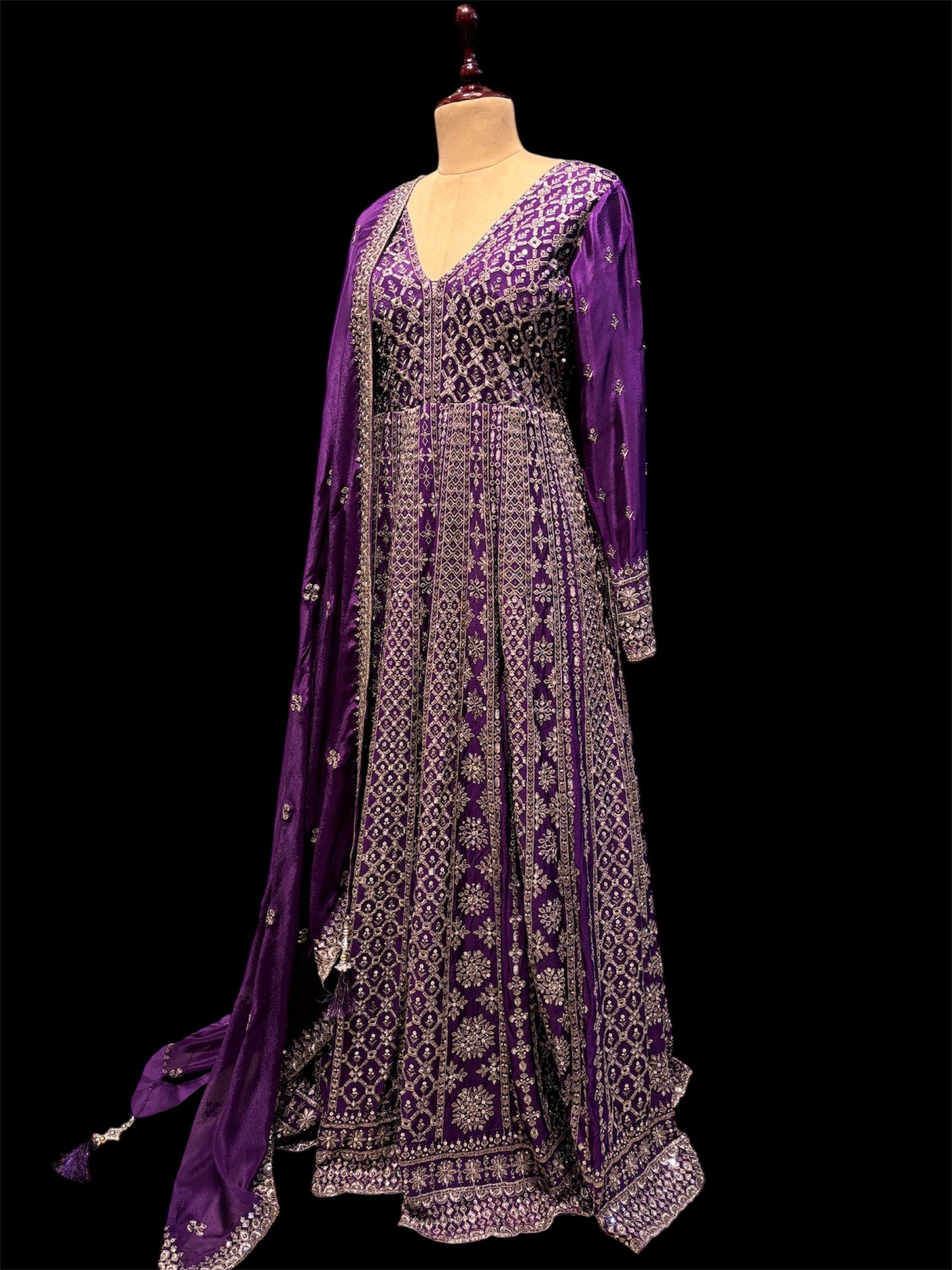 PURPLE CHINON GOWN WITH OXIDISED SILVER ZARI EMBROIDERY AND MATCHING DUPATTA