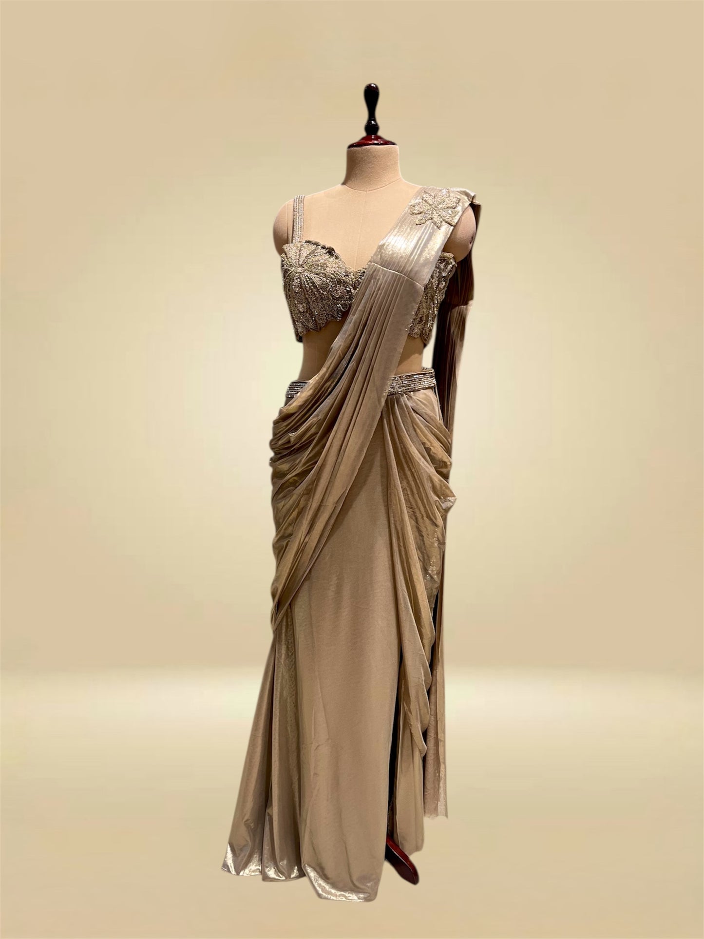 GOLD SHIMMER READYMADE SAREE WITH BEAD & SEQUIN EMBELLISHMENTS AND A CONTEMPORARY SIDE SLIT