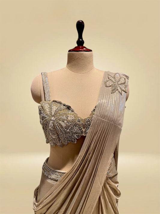 GOLD SHIMMER READYMADE SAREE WITH BEAD & SEQUIN EMBELLISHMENTS AND A CONTEMPORARY SIDE SLIT