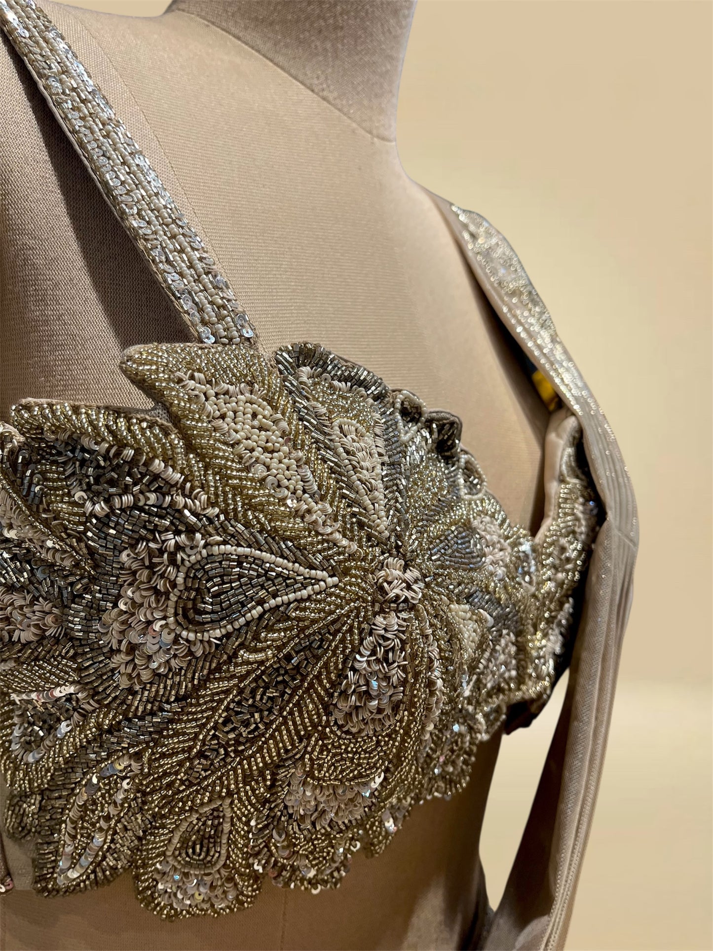 GOLD SHIMMER READYMADE SAREE WITH BEAD & SEQUIN EMBELLISHMENTS AND A CONTEMPORARY SIDE SLIT