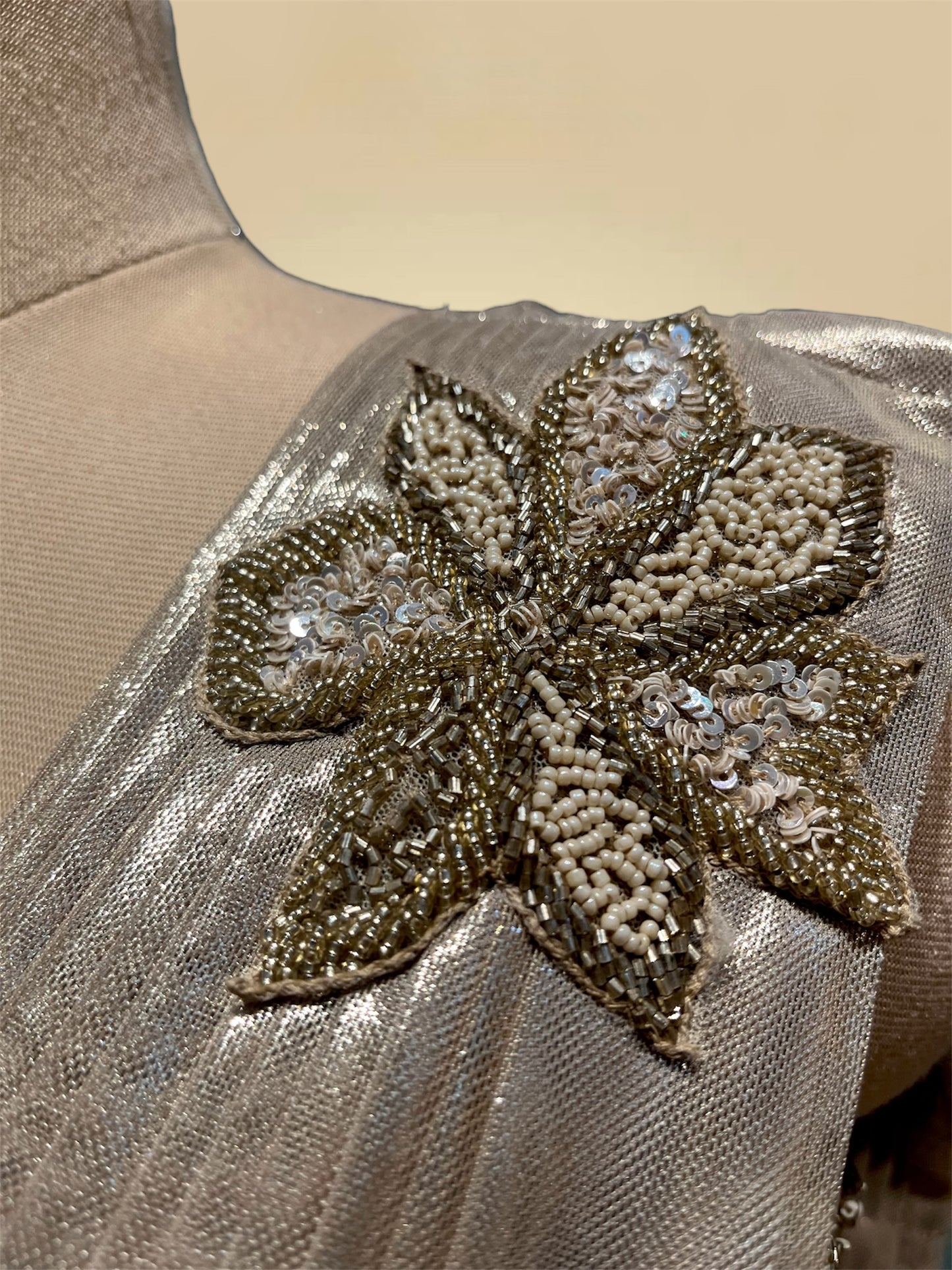 GOLD SHIMMER READYMADE SAREE WITH BEAD & SEQUIN EMBELLISHMENTS AND A CONTEMPORARY SIDE SLIT