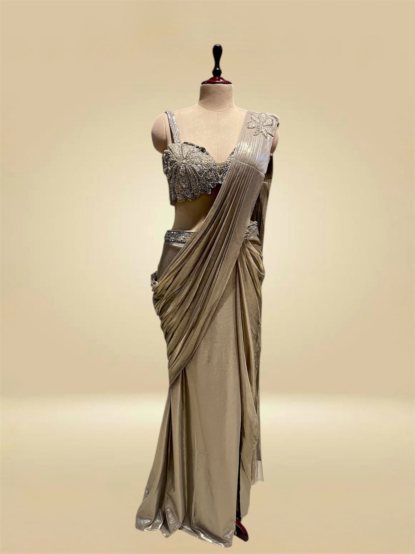 GOLD SHIMMER READYMADE SAREE WITH BEAD & SEQUIN EMBELLISHMENTS AND A CONTEMPORARY SIDE SLIT