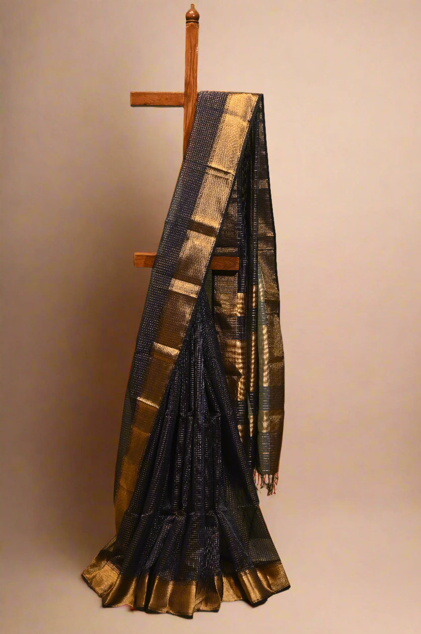 NAVY BLUE HANDWOVEN MAHESHWARI CHECKS SAREE