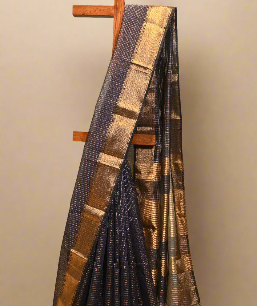NAVY BLUE HANDWOVEN MAHESHWARI CHECKS SAREE