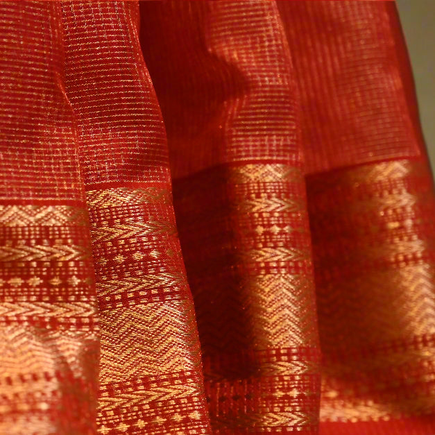 RED TISSUE CHECKS HANDWOVEN MAHESHWARI SAREE