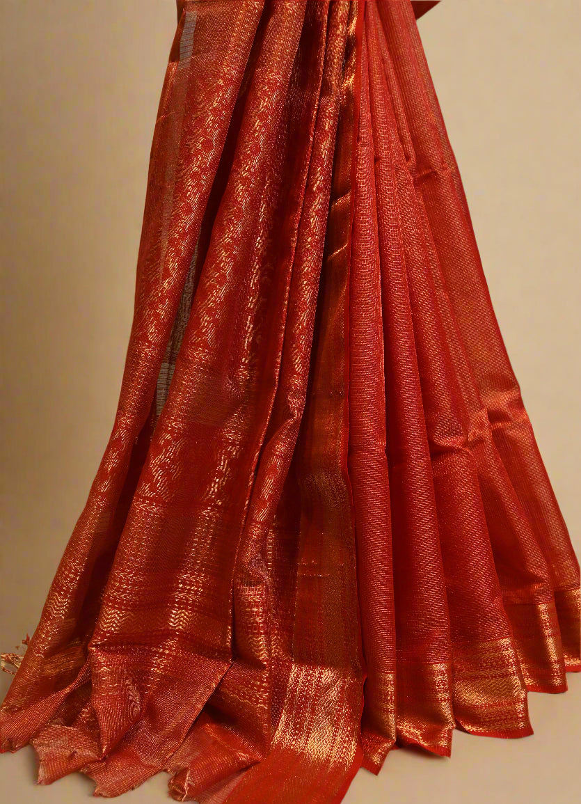 RED TISSUE CHECKS HANDWOVEN MAHESHWARI SAREE