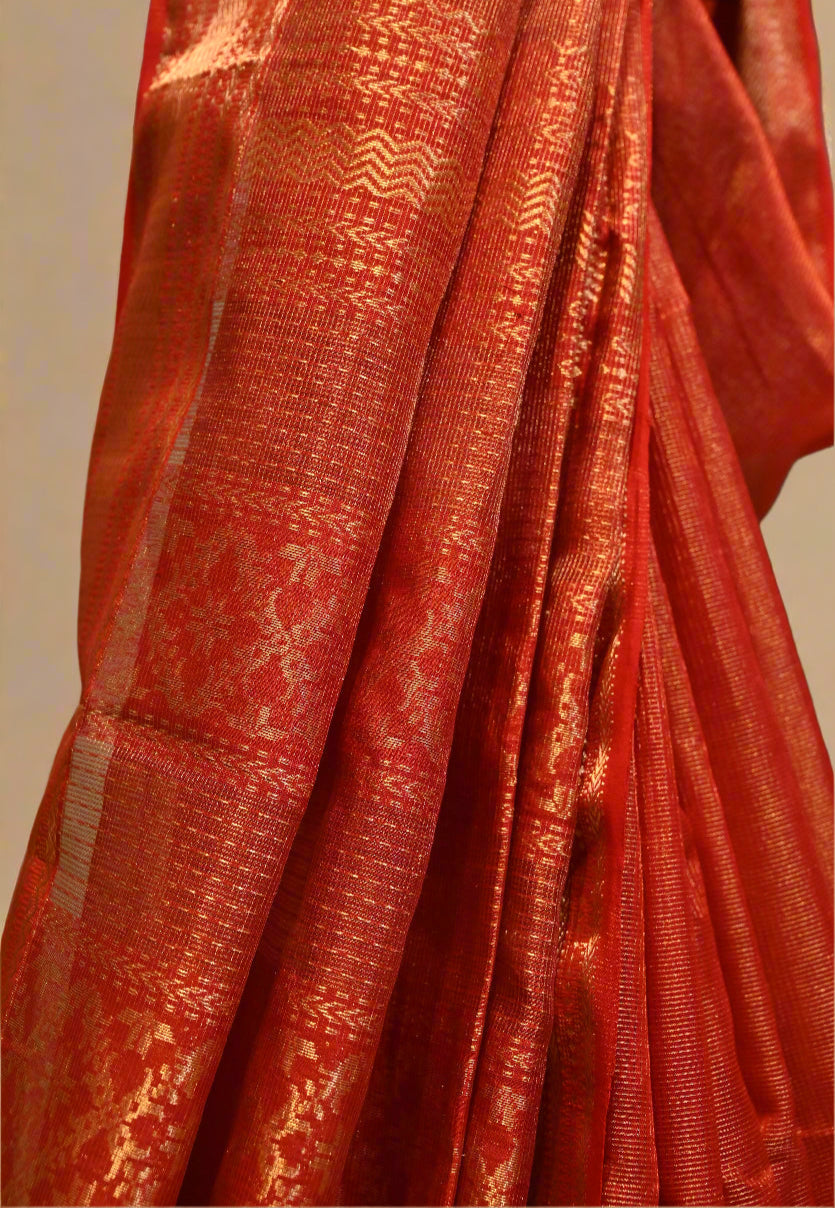 RED TISSUE CHECKS HANDWOVEN MAHESHWARI SAREE