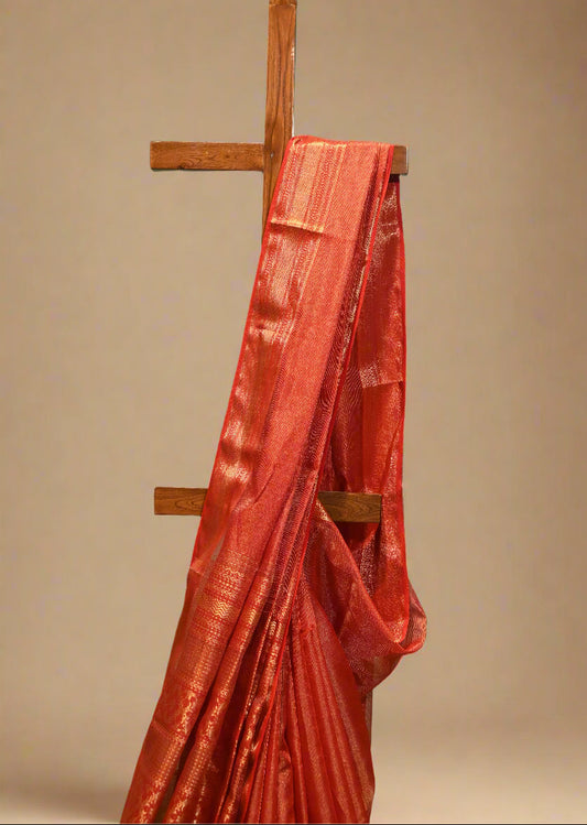 RED TISSUE CHECKS HANDWOVEN MAHESHWARI SAREE