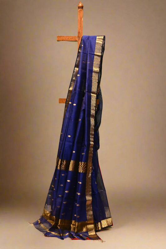 ROYAL BLUE HANDWOVEN MAHESHWARI SAREE WITH DRILL WEAVE BORDER