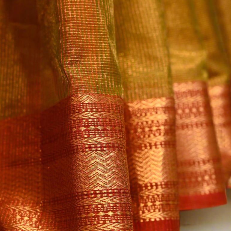 MEHENDI COLOUR HANDWOVEN MAHESHWARI TISSUE SAREE WITH RED CONTRAST BORDER, PALLA & BLOUSE
