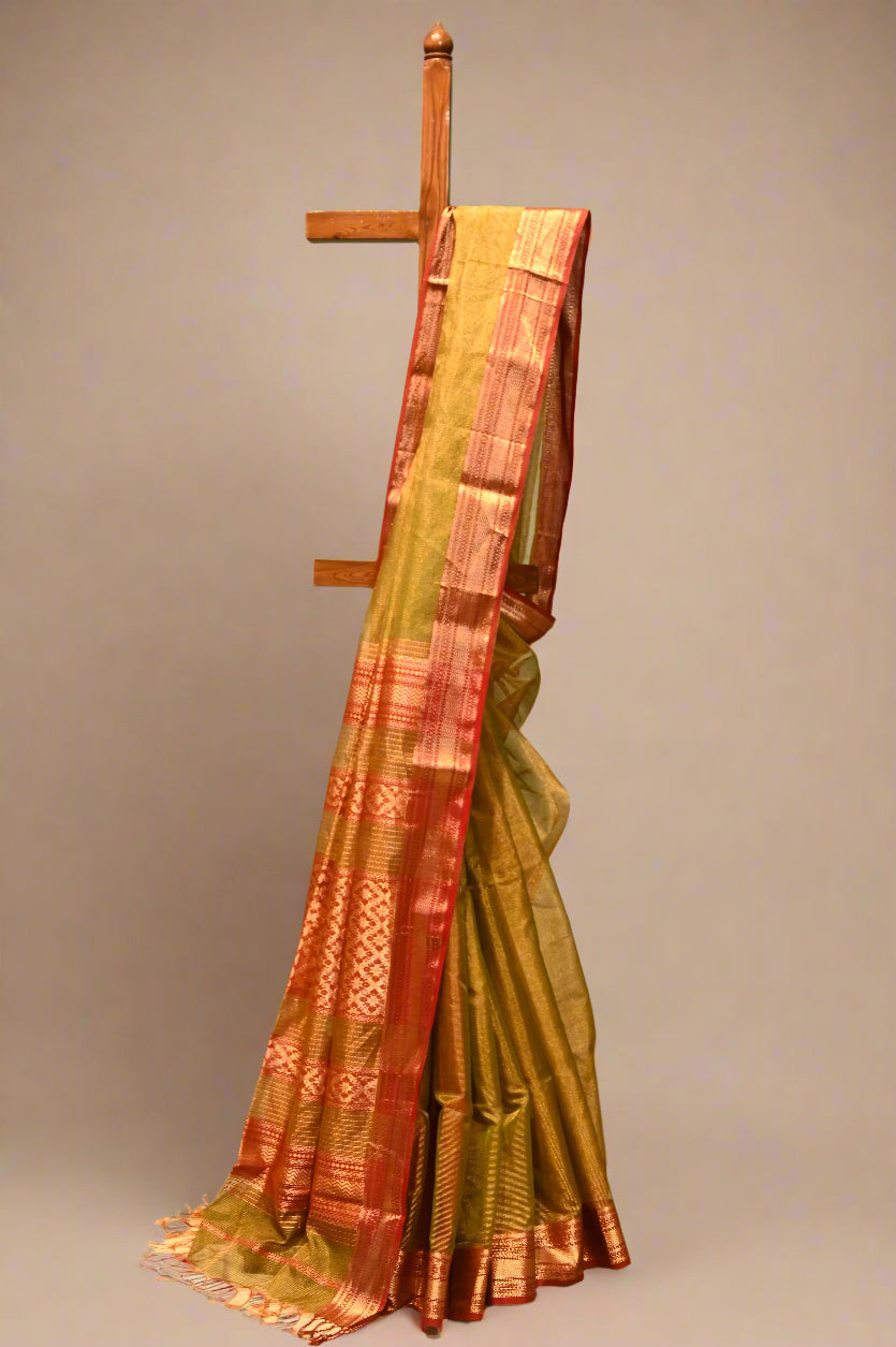 MEHENDI COLOUR HANDWOVEN MAHESHWARI TISSUE SAREE WITH RED CONTRAST BORDER, PALLA & BLOUSE