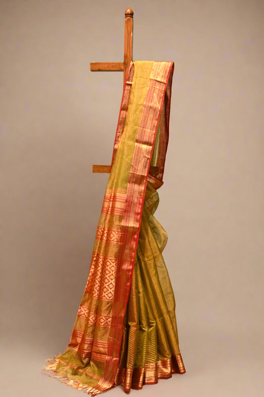 MEHENDI COLOUR HANDWOVEN MAHESHWARI TISSUE SAREE WITH RED CONTRAST BORDER, PALLA & BLOUSE