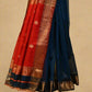 (Deliver in 15 days) NAVY BLUE HANDWOVEN MAHESHWARI SAREE WITH RED CONTRAST PALLA AND BLOUSE