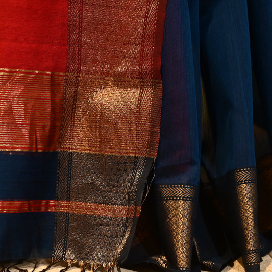 NAVY BLUE HANDWOVEN MAHESHWARI SAREE WITH RED CONTRAST PALLA AND BLOUSE