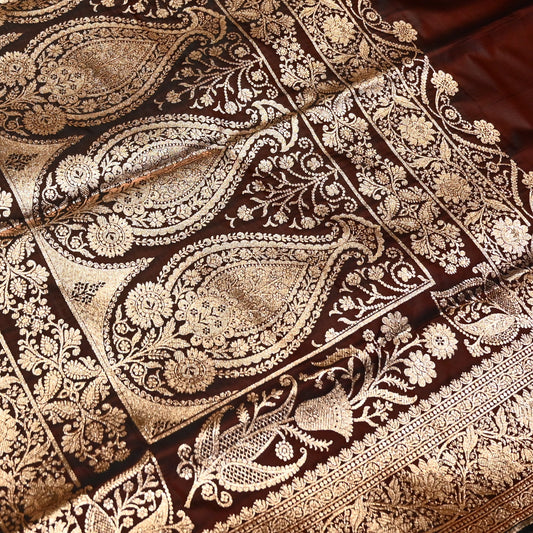COKE COLOUR BANARASI SATIN SAREE WITH ROSE GOLD ZARI WOVEN BORDER AND PALLA