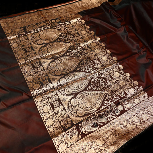 COKE COLOUR BANARASI SATIN SAREE WITH ROSE GOLD ZARI WOVEN BORDER AND PALLA