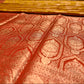 MUSTARD COLOUR BANARASI SATIN SAREE WITH CONTRAST RED BORDER PALLA & BLOUSE