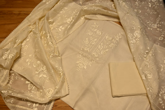OFF-WHITE KOTA DORIA PARSI EMBROIDERED UNSTITCHED SUIT WITH COTTON BOTTOM