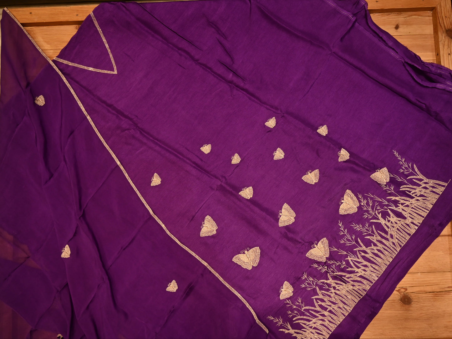 PURPLE BUTTERFLY-THEMED UNSTITCHED SUIT SET WITH ORGANZA DUPATTA