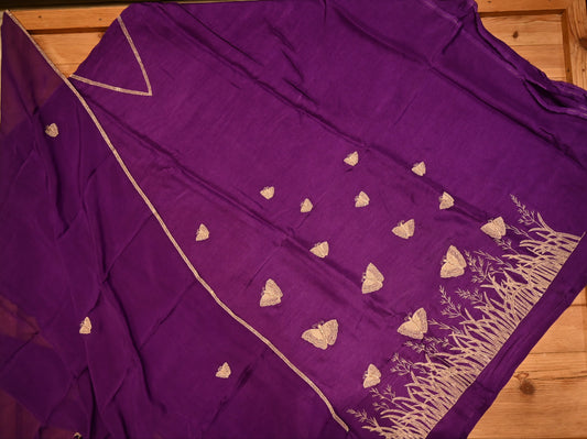 PURPLE BUTTERFLY-THEMED UNSTITCHED SUIT SET WITH ORGANZA DUPATTA