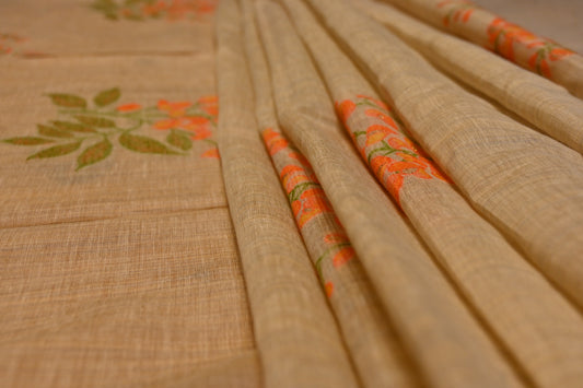 BEIGE JAMDANI SAREE WITH ORANGE FLORAL MOTIFS & CONTRAST BLOUSE