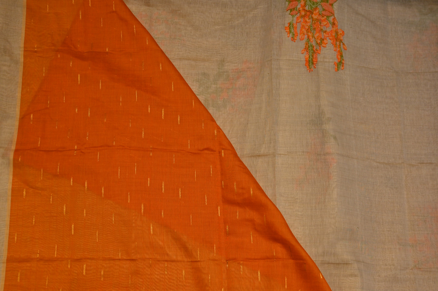 BEIGE JAMDANI SAREE WITH ORANGE FLORAL MOTIFS & CONTRAST BLOUSE