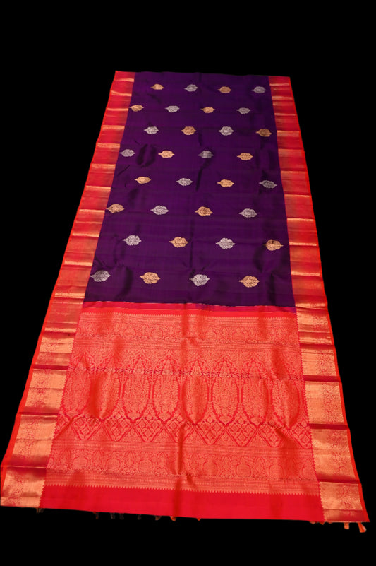 ROYAL PURPLE PURE KANJIVARAM SILK SAREE WITH GOLD & SILVER ZARI BOOTIES, CONTRAST BRIGHT RED PALLU & BLOUSE