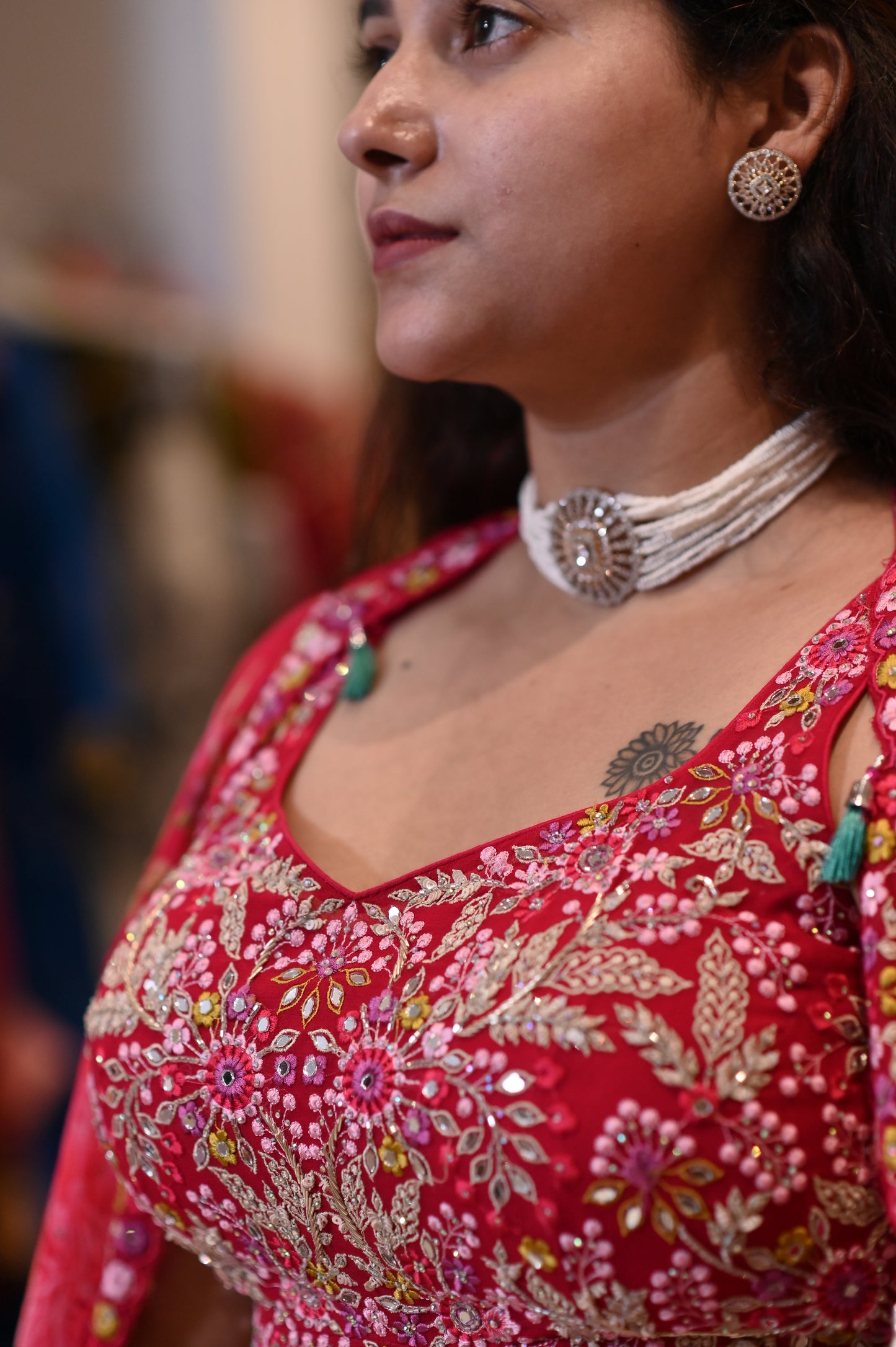 Magenta Colour Printed Organza Lehenga With Hand Embroidered Crop Top & Printed Long Shrug